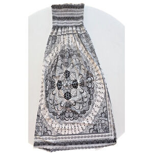 She's Cool Strapless Smocked Maxi Dress Medium paisley Black Blue Off-White Boho